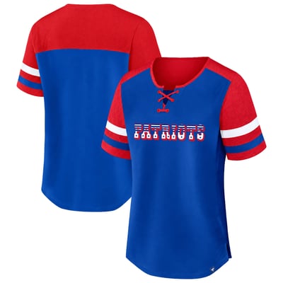 New England Patriots Fanatics Women's Plus Size Throwback Curl Route Lace-Up T-Shirt - Royal/Red